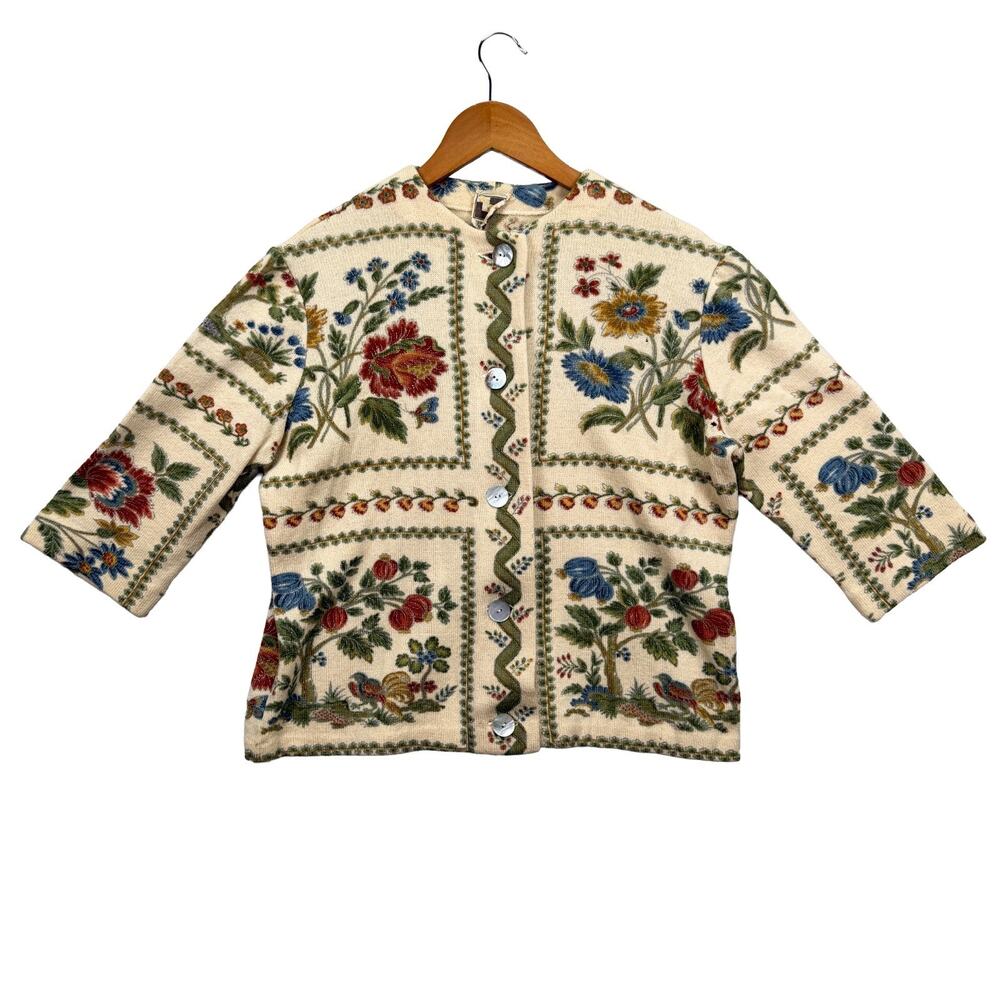 Vintage 1960s Floral Sweater Wool Germany Cardigan Novelty Print Crop Cottage M